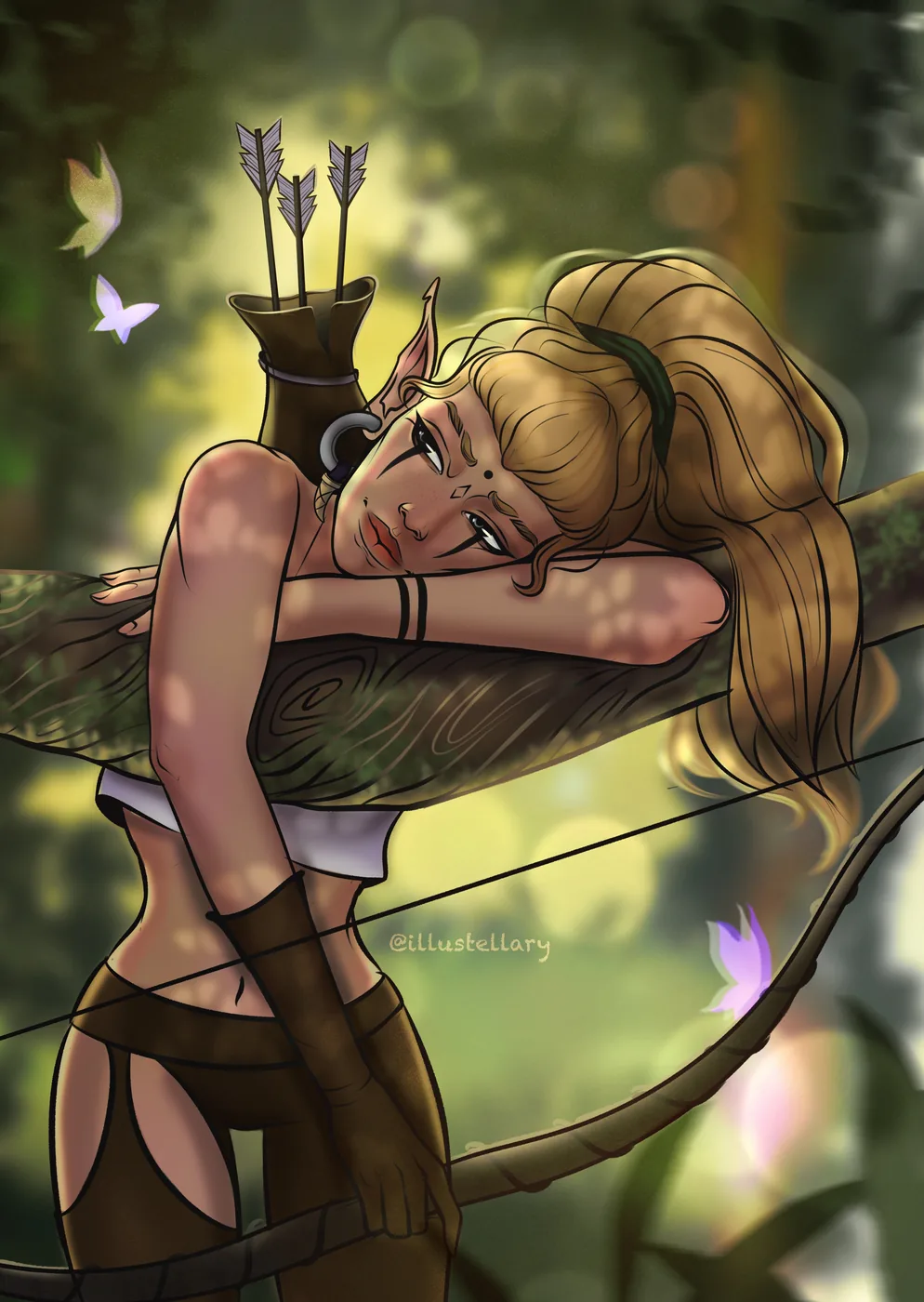 Colored character sketch of an archer resting in a woodland setting