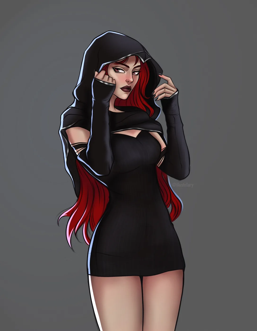 Colored character sketch of a woman in a hooded black outfit