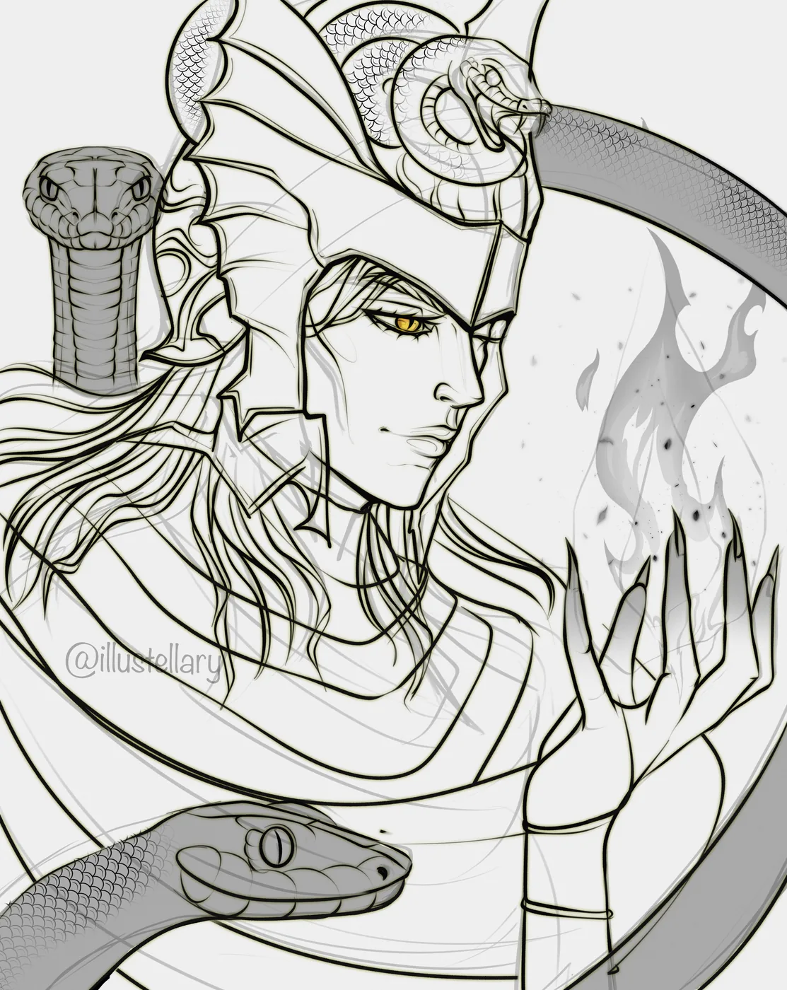 Black-and-white fantasy character sketch