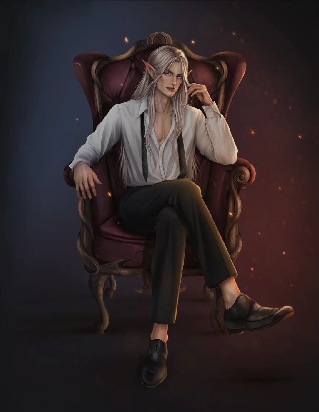 Full-body illustration of a seated fantasy character