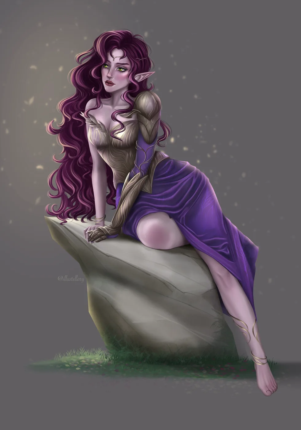 Full-body illustration of a purple-haired fantasy character seated on a rock