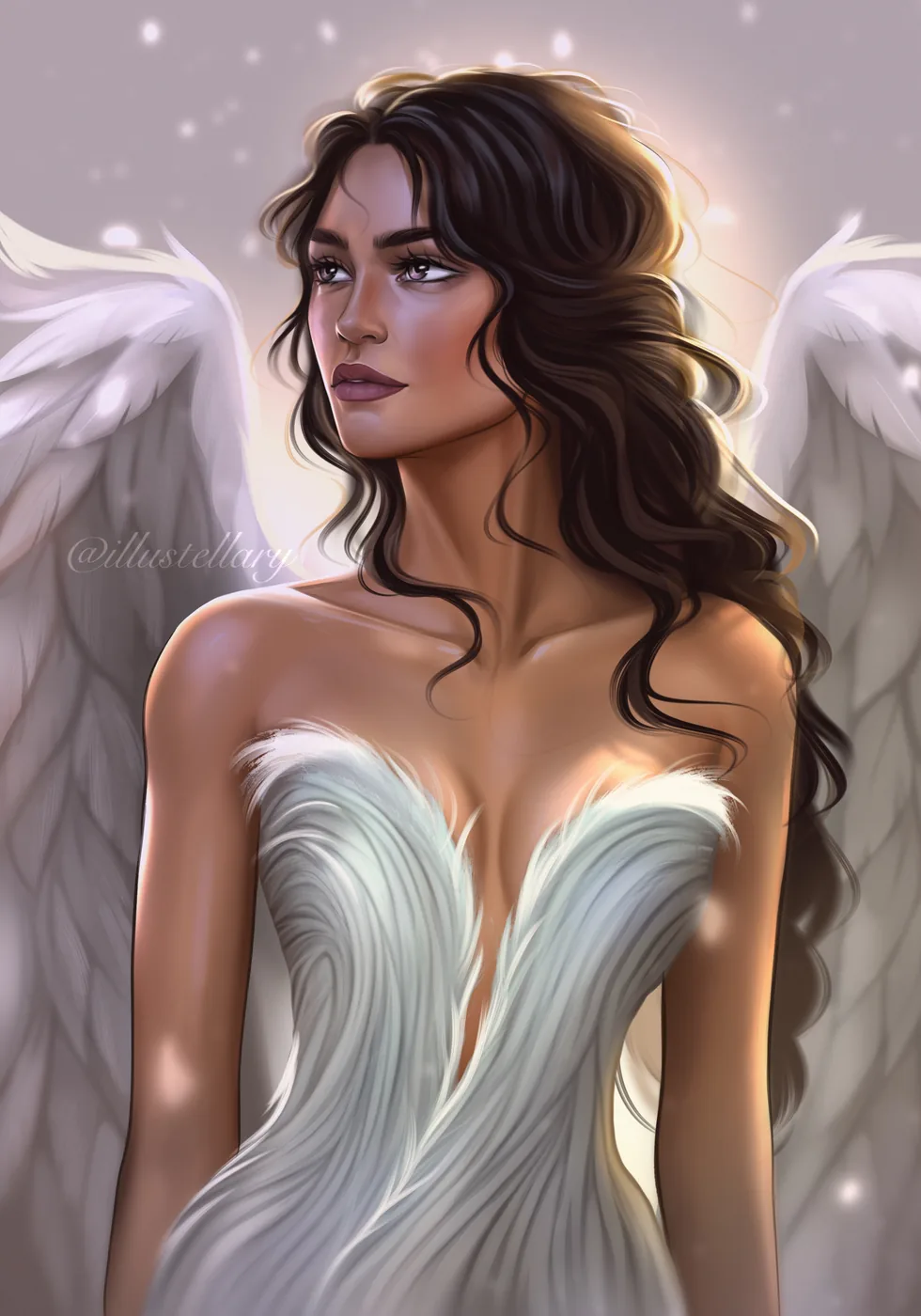 Half-body illustration of a woman in a white feathered dress