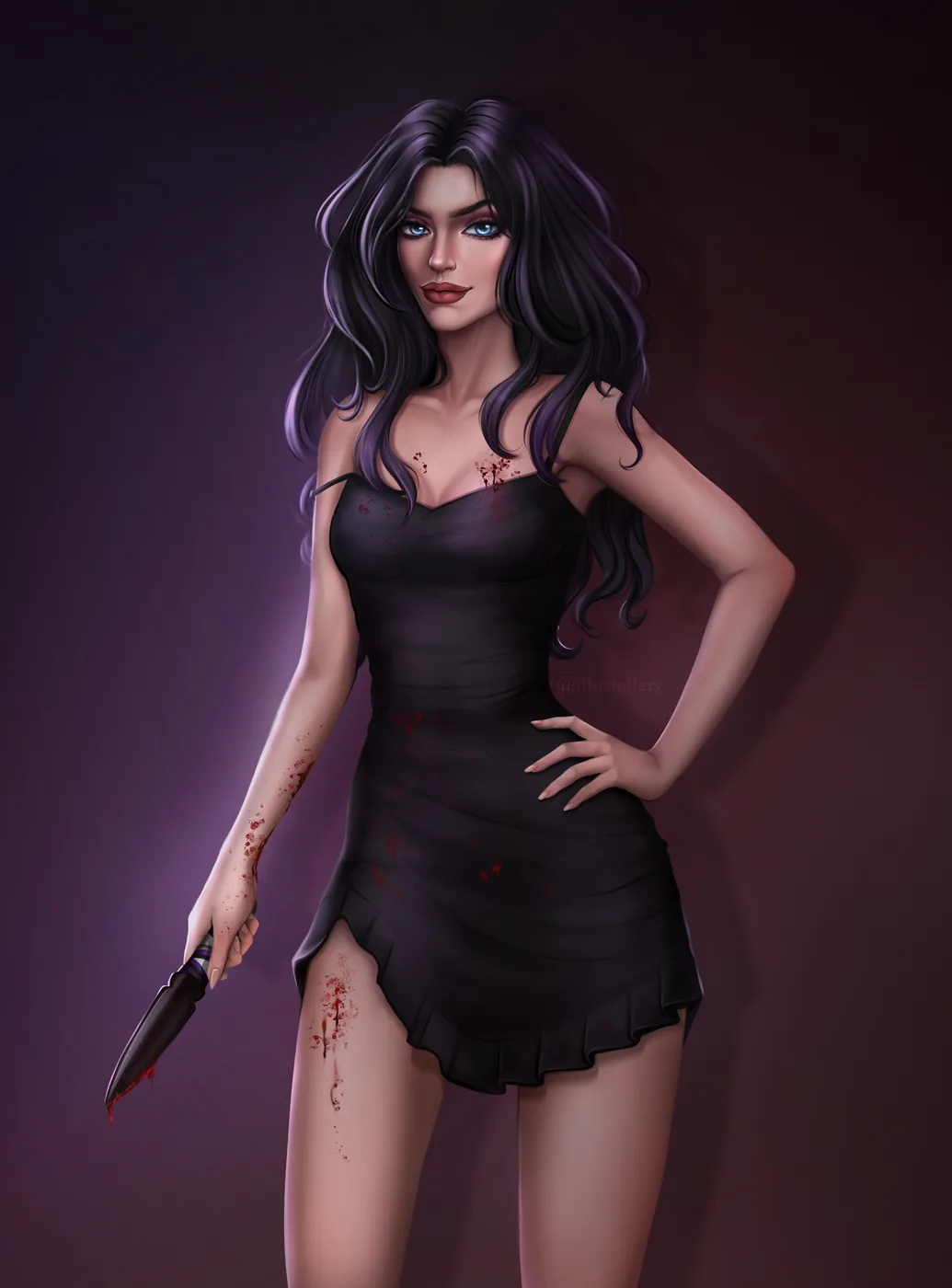 Half-body illustration of a dark-haired woman holding a knife