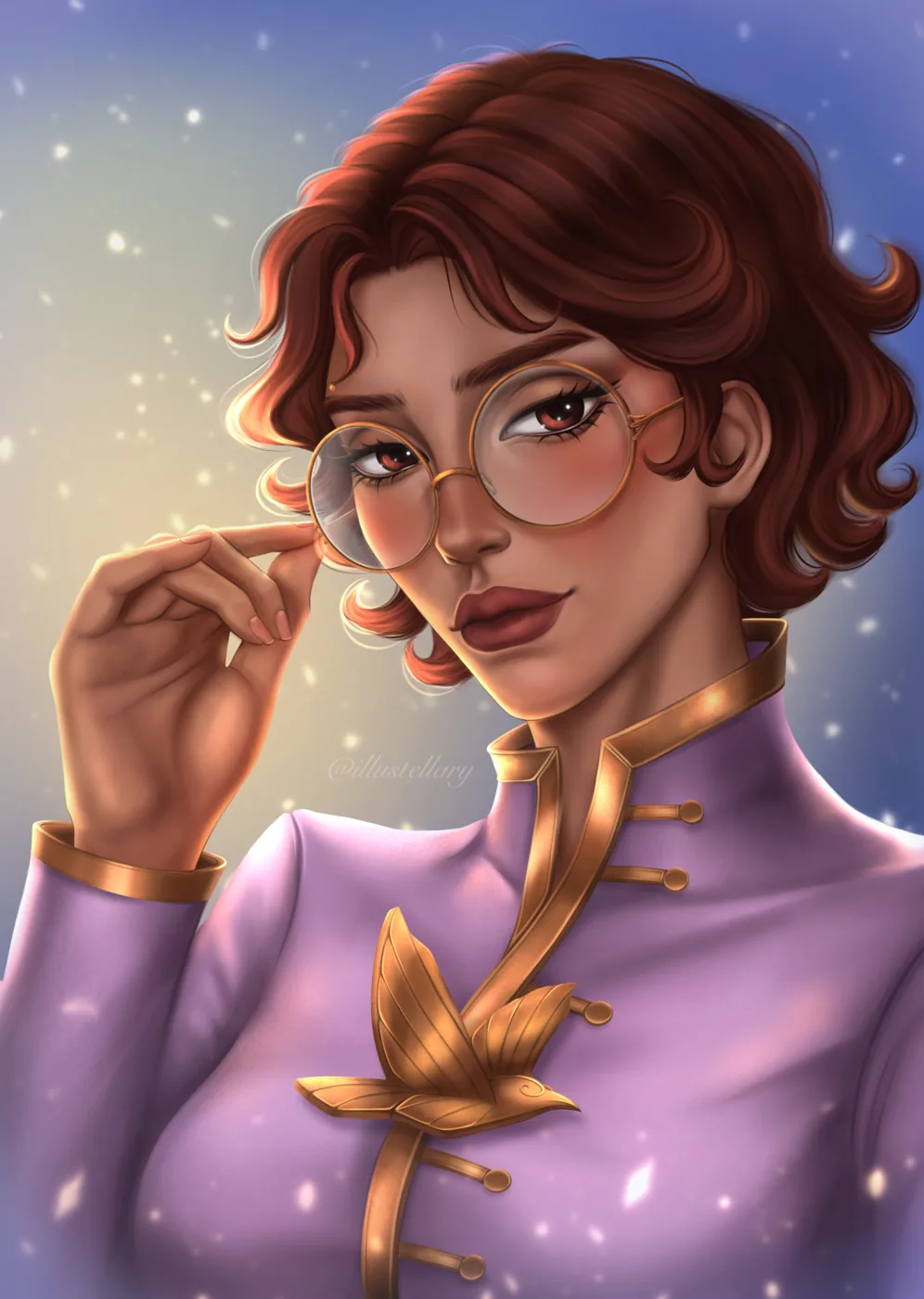 Portrait illustration of a red-haired woman wearing glasses and a lavender outfit