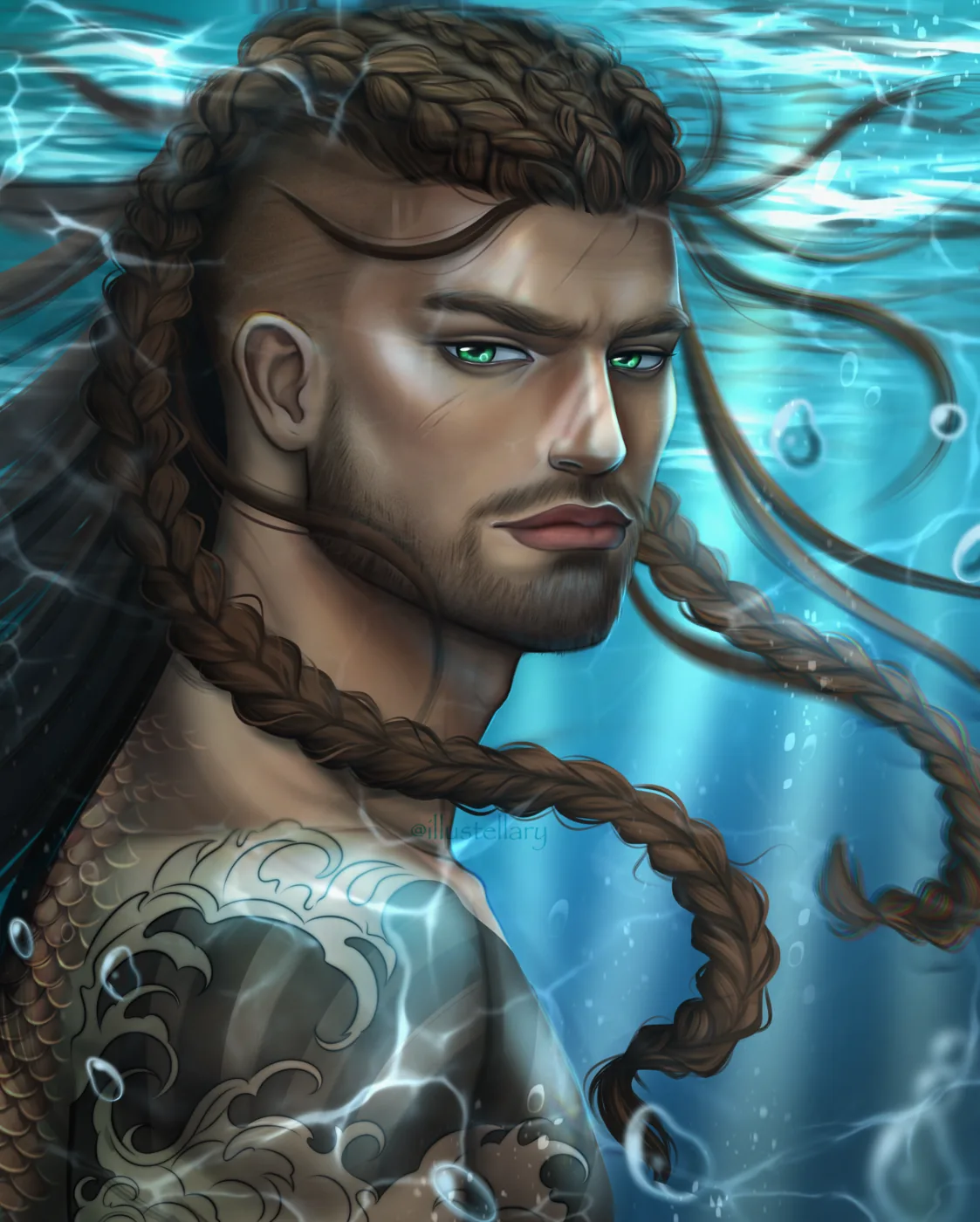 Underwater portrait illustration of a braided male warrior