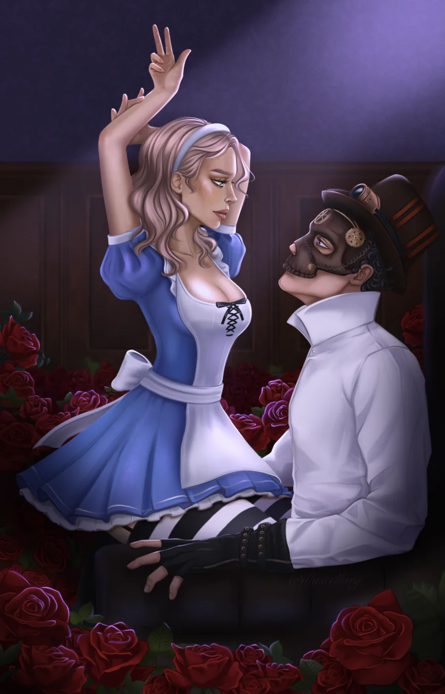 Couple illustration commission example among red roses