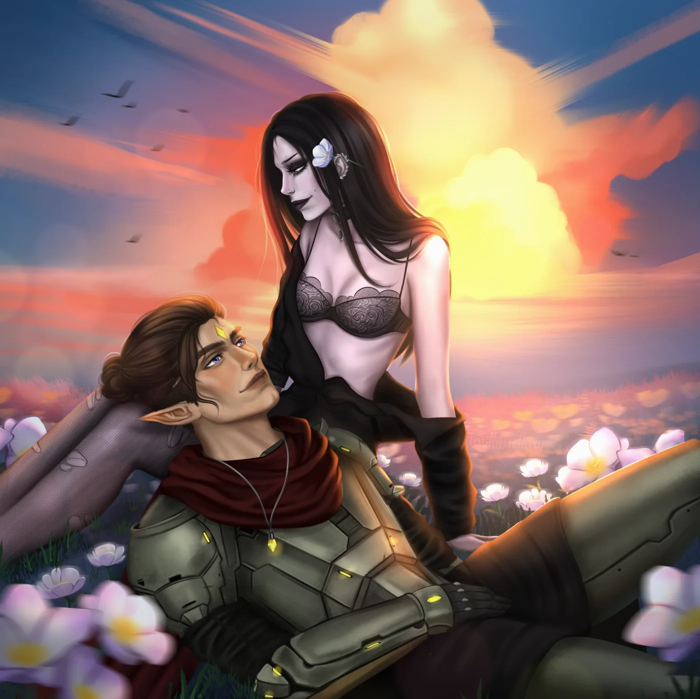 Couple illustration commission example in a field at sunset